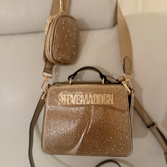 NWT STEVE MADDEN BEVELYN RHINESTONE SATCHEL CROSSBODY BAG W AIR POD CASE GOLD SM - Picture 1 of 6